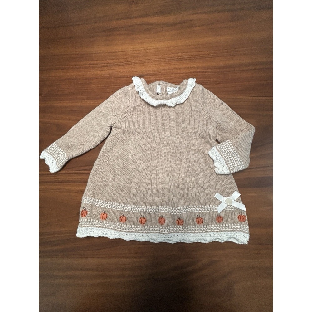 Max Studio Baby Knit Sweater Fall Dress Sz 6-9 Months Oatmeal, Pumpkins & Lace